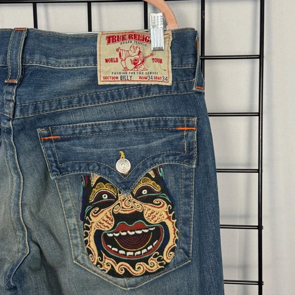 True Religion Billy Jeans Mens 34 (38x36) Blue Hannya Mask Embroidered Bootcut